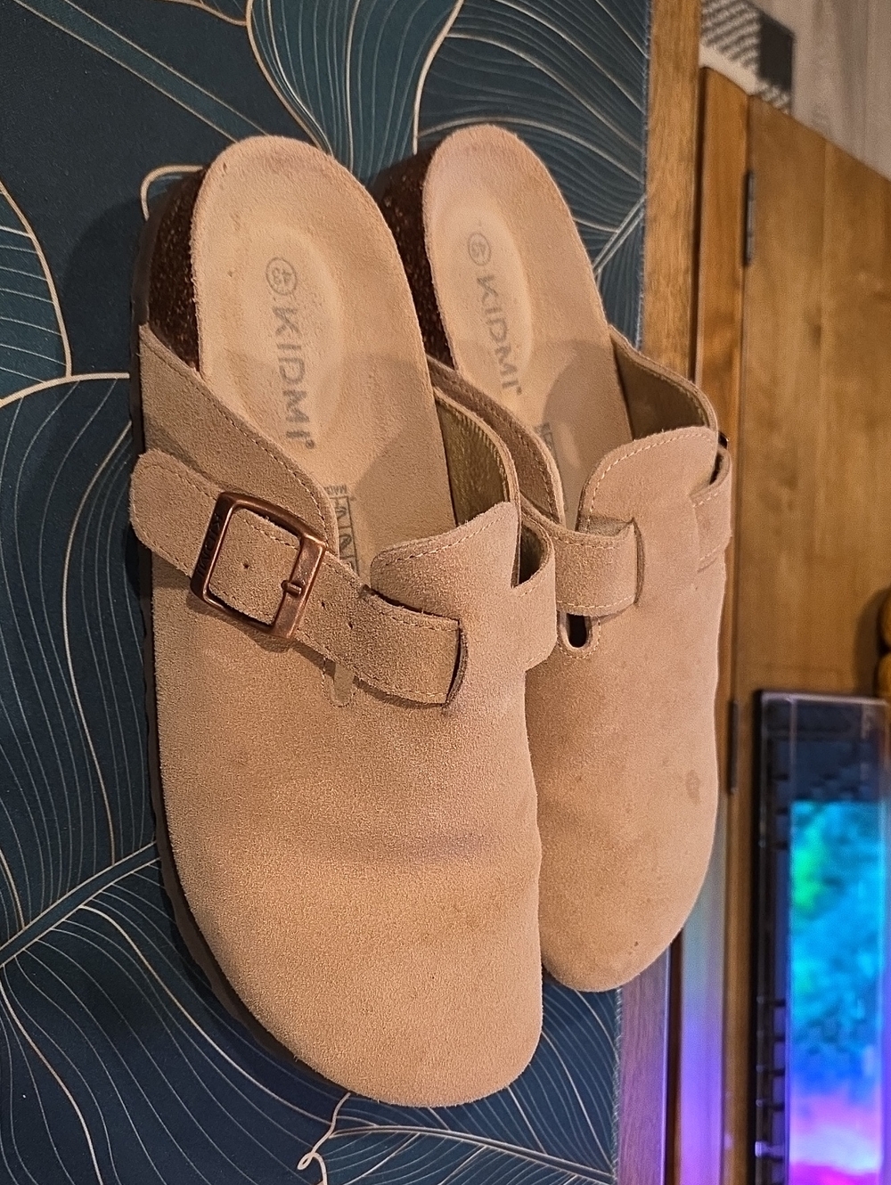 Women's Suede Buckle Mules in Light Tan